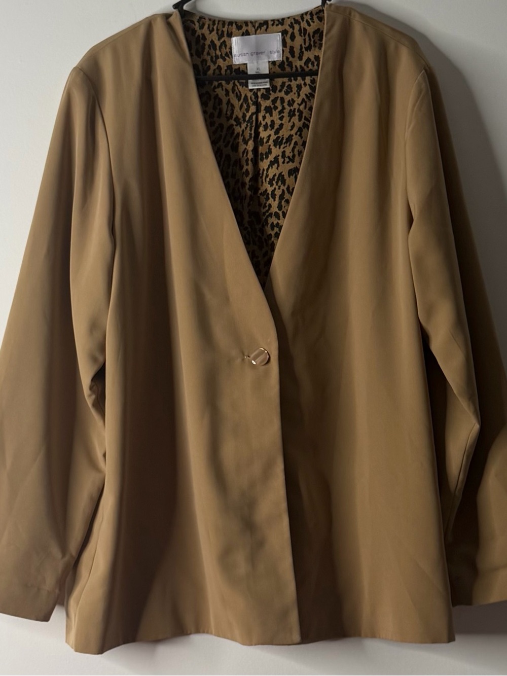 Susan Graver Tan Open-Front Blazer with Leopard Lining